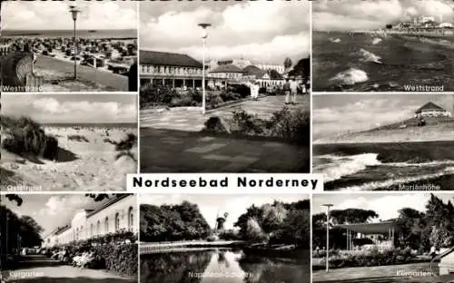 Ak Nordseebad Norderney Ostfriesland, Weststrand, Marienhöhe, Oststrand, Kurgarten, Napoleon-Schanze