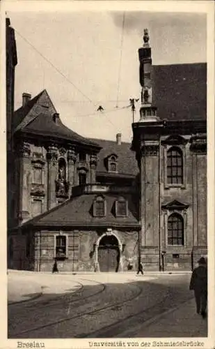 Ak Wrocław Breslau Schlesien, Universität, Schmiedebrücke