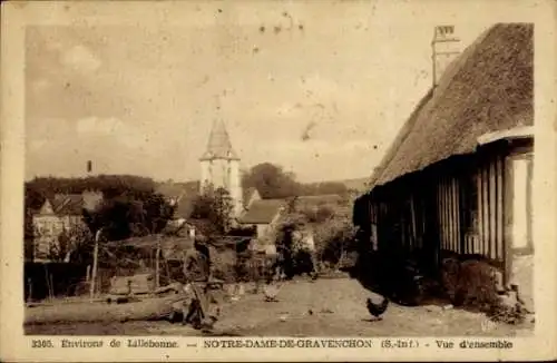 Ak Notre Dame de Gravenchon Seine Maritime, Detailansicht, Kirchturm, Hühner, Fachwerkhaus