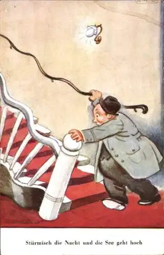 Künstler Ak Wills, John, Betrunkener Mann beim Treppensteigen