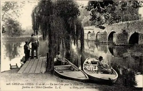 Ak Grez sur Loing Seine-et-Marne, Un bon Coin pour la Pleche, Jardin de l'Hotel Chavillon