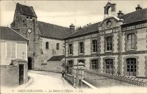 Ak Grez sur Loing Seine-et-Marne, Rathaus, Kirche, Turmuhr