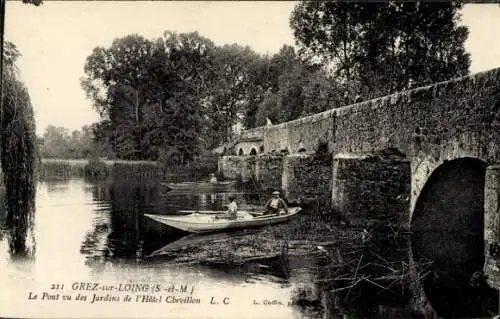 Ak Grez sur Loing Seine-et-Marne, Brücke, Gärten des Hotel Chevillon