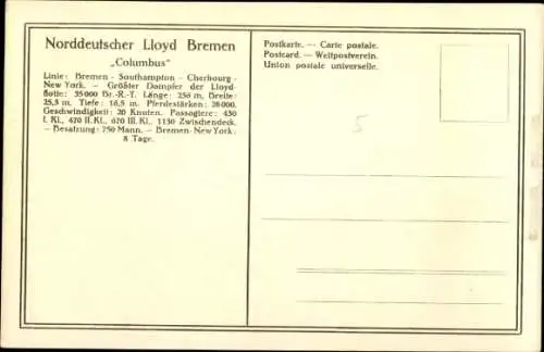 Ak Norddeutscher Lloyd Bremen, Salondampfer Columbus