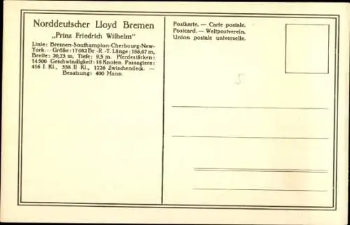 Ak Doppelschrauben-Salondampfer Prinz Friedrich Wilhelm, Norddeutscher Lloyd Bremen