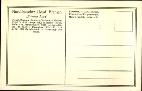 Ak Norddeutscher Lloyd Bremen, Doppelschrauben-Salondampfer Princess Alice