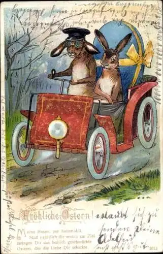 Ak Glückwunsch Ostern, Osterhasen im Automobil, Osterei