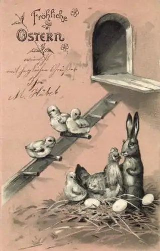 Präge Litho Glückwunsch Ostern, Osterhase, Henne, Küken, Hühnerstall