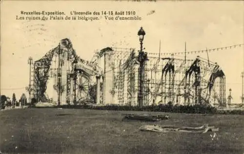 Ak Brüssel Brüssel, Expo 1910, Brand, Palais de la Belgique, Übersicht