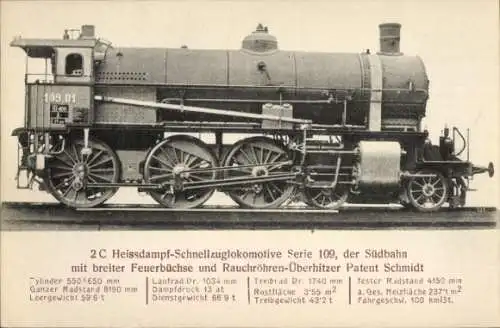 Ak Deutsche Eisenbahn, Dampflokomotive, 2C Heißdampf Schnellzuglokomotive Serie 109, Südbahn