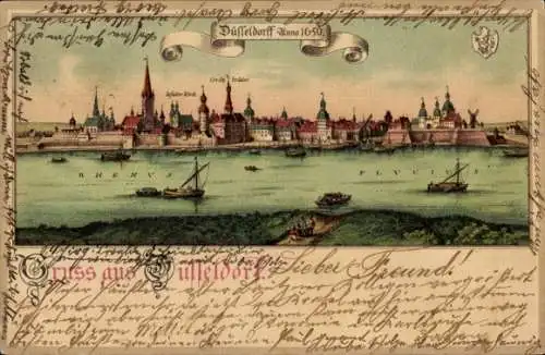 Litho Düsseldorf am Rhein, historische Stadtansicht 1650