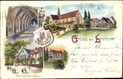 Litho Loccum in Niedersachsen, Kloster, Buschmann's Hotel, Haupttor mit Georgskapelle, Kreuzgang