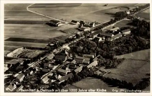 Ak Benndorf Delitzsch in Sachsen, Fliegeraufnahme, über 1000 Jahre alte Kirche