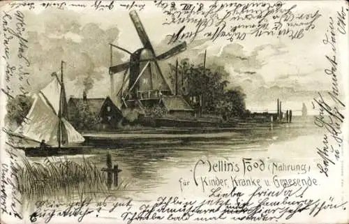 Litho Werbung, Mellin's Food, Nahrung für Kranke und Genesende, Windmühle