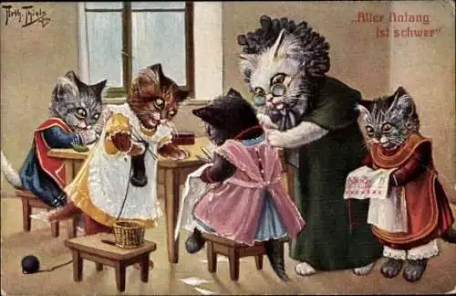 Künstler Ak Thiele, Arthur, Vermenschlichte Katzen, Großmutter, Kinder, Handarbeiten