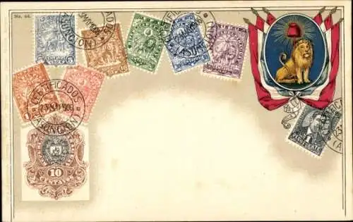 Präge Briefmarken Wappen Ak Paraguay, Fahne, Löwe