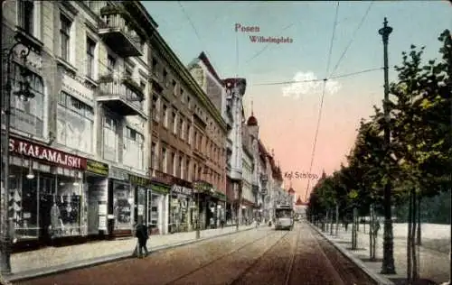 Ak Poznań Posen, Wilhelmplatz, Straßenbahn, Königliches Schloss, G. S. Kalamajski