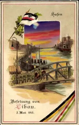 Halt gegen das Licht Ak Liepaja Libau Lettland, Besetzung 1915, Fahnen, Brücke