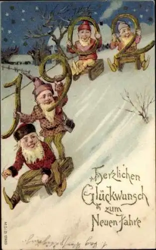 Präge Litho Glückwunsch Neujahr 1902, Zwerge fahren Schlitten