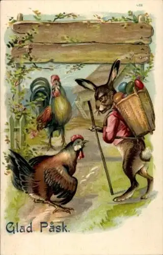 Litho Glückwunsch Ostern, Osterhase, Ostereier, Hühner