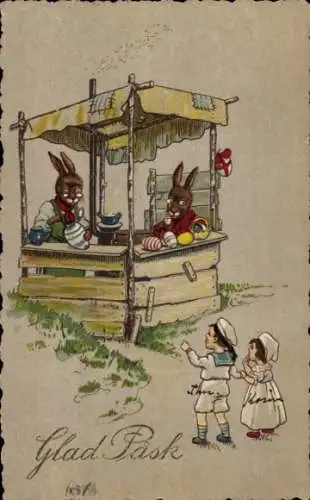 Ak Glückwunsch Ostern, Osterhasen bemalen Eier, Kinder