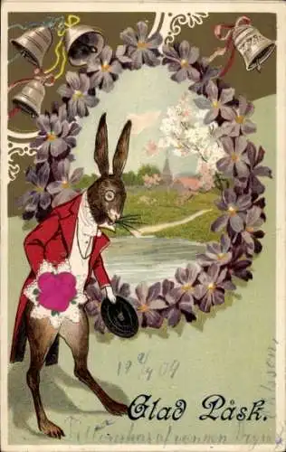 Präge Stoff Litho Glückwunsch Ostern, Osterhase, Glocken, Blumen