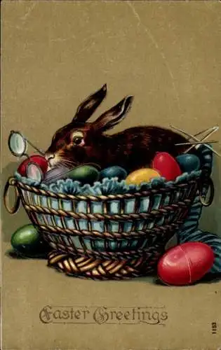 Präge Ak Glückwunsch Ostern, Osterhase, Korb, Ostereier, Brille