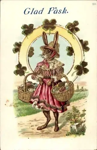 Litho Glückwunsch Ostern, Osterhase, Körbe, Glücksklee