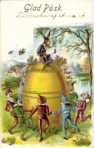 Präge Litho Glückwunsch Ostern, Osterhase, tanzende Zwerge, Osterei