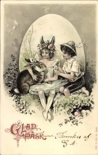 Präge Litho Glückwunsch Ostern, Kinder pflegen einen kranken Hasen, Osterei