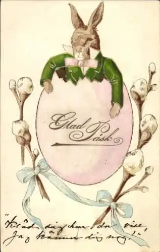 Präge Litho Glückwunsch Ostern, Osterhase, Weidenkätzchen, Osterei