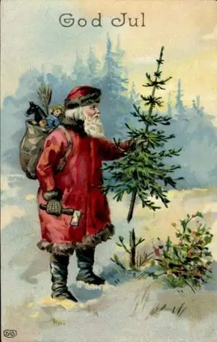 Ak Frohe Weihnachten, Weihnachtsmann fällt Tannenbaum, Stechpalme