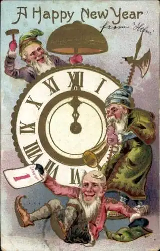 Präge Ak Glückwunsch Neujahr, Uhr, Zwerge