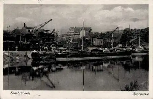 Ak Saarbrücken im Saarland, Saar, Hafen, Kran