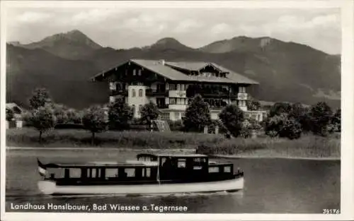 Ak Bad Wiessee in Oberbayern, Landhaus Hanslbauer, Boot, Bergkette