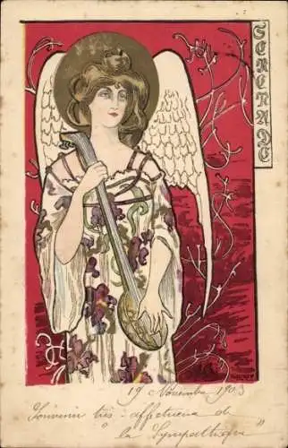 Jugendstil Präge Litho Serenade, Engel mit Laute