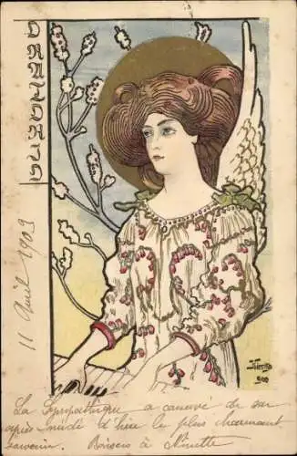 Jugendstil Künstler Litho Engel am Klavier