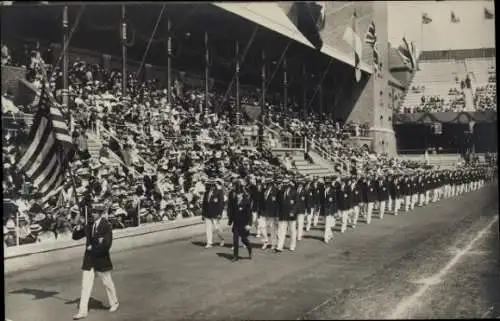 Ak Stockholm Schweden, Olympische Spiele 1912, Einzug der US Amerikanischen Athleten