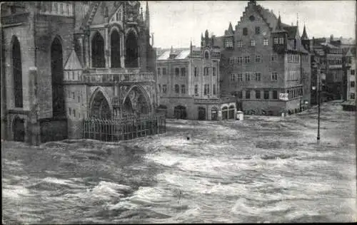 Ak Nürnberg in Mittelfranken, Hauptmarkt, Liebfrauenkirche, Plobenhofstraße, Hochwasser 05.02.1909