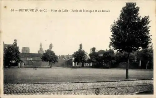 Ak Béthune Pas de Calais, Place de Lille, Ecole de Musique et de Dessin