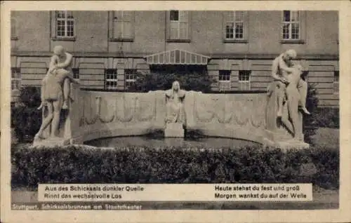 Ak Stuttgart in Württemberg, Schicksalsbrunnen, Stadtheater