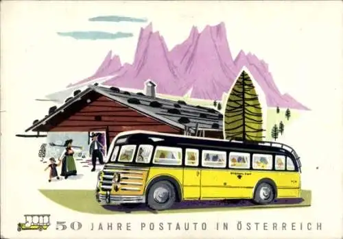 Künstler Ak 50 Jahre Postauto in Österreich, Jubiläum 1907-1957