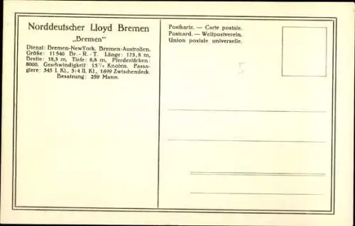Ak Doppelschrauben-Salondampfer Bremen, Norddeutscher Lloyd Bremen