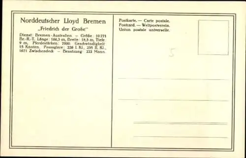 Ak Doppelschrauben-Salondampfer Friedrich der Große, Norddeutscher Lloyd Bremen