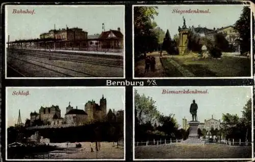 Ak Bernburg an der Saale, Bahnhof, Siegesdenkmal, Schloss, Bismarckdenkmal