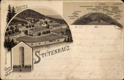 Litho Schleusingen in Thüringen, Stutenhaus, Turm auf dem Adlersberg, Panorama