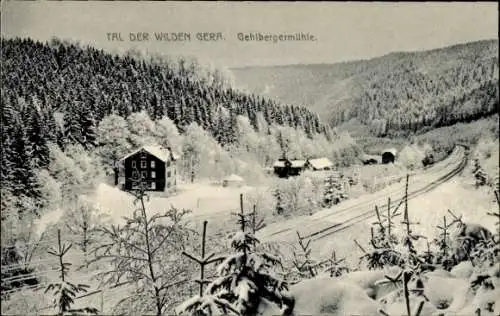 Ak Gehlberg Suhl in Thüringen, Gehlberger Mühle, Tal der wilden Gera, Winter