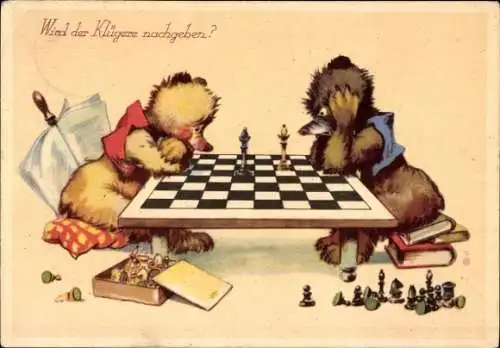 Künstler Ak Vermenschlichte Teddys spielen Schach, Wir der Klügere nachgeben