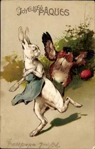 Präge Litho Glückwunsch Ostern, Henne verteidigt Eier, Osterhase