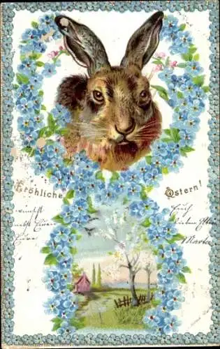 Litho Glückwunsch Ostern, Osterhase, Vergissmeinnicht